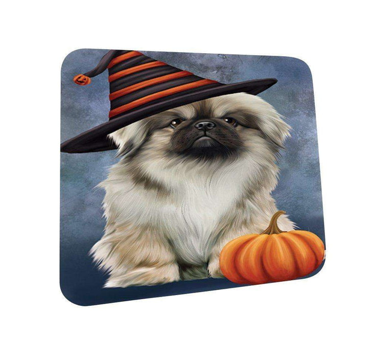 Happy Halloween Pekingese Dog Wearing Witch Hat with Pumpkin Coasters Set of 4