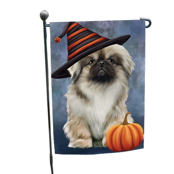 Happy Halloween Pekingese Dog Wearing Witch Hat with Pumpkin Garden Flag