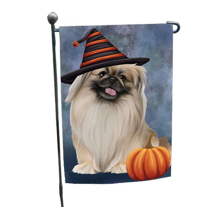 Happy Halloween Pekingese Dog Wearing Witch Hat with Pumpkin Garden Flag