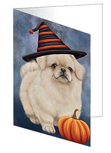 Happy Halloween Pekingese Dog Wearing Witch Hat with Pumpkin Handmade Artwork Assorted Pets Greeting Cards and Note Cards with Envelopes for All Occasions and Holiday Seasons D492