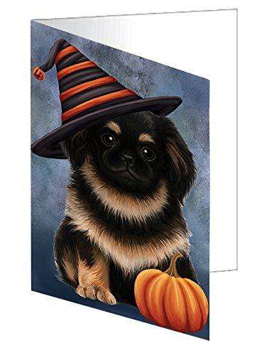 Happy Halloween Pekingese Dog Wearing Witch Hat with Pumpkin Handmade Artwork Assorted Pets Greeting Cards and Note Cards with Envelopes for All Occasions and Holiday Seasons D493