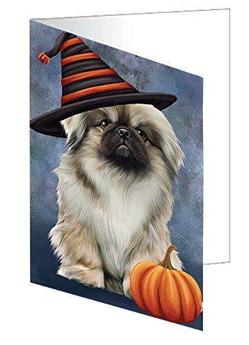 Happy Halloween Pekingese Dog Wearing Witch Hat with Pumpkin Handmade Artwork Assorted Pets Greeting Cards and Note Cards with Envelopes for All Occasions and Holiday Seasons