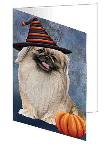 Happy Halloween Pekingese Dog Wearing Witch Hat with Pumpkin Handmade Artwork Assorted Pets Greeting Cards and Note Cards with Envelopes for All Occasions and Holiday Seasons