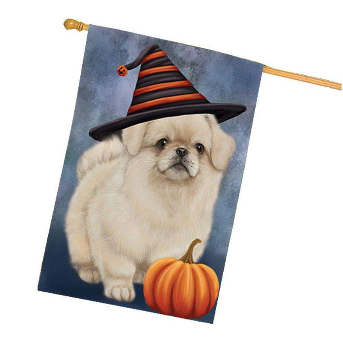 Happy Halloween Pekingese Dog Wearing Witch Hat with Pumpkin House Flag HF378