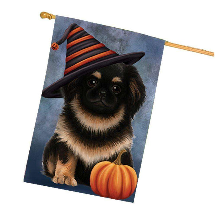 Happy Halloween Pekingese Dog Wearing Witch Hat with Pumpkin House Flag HF379
