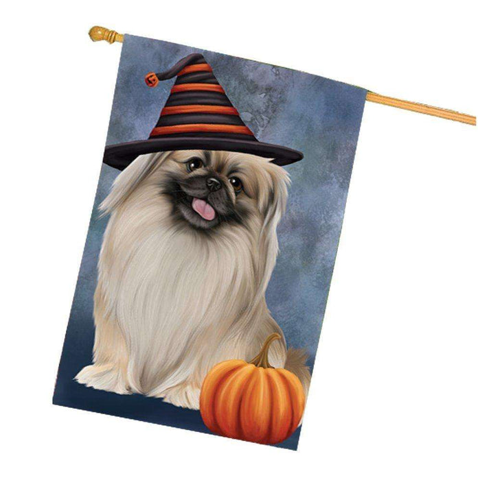 Happy Halloween Pekingese Dog Wearing Witch Hat with Pumpkin House Flag