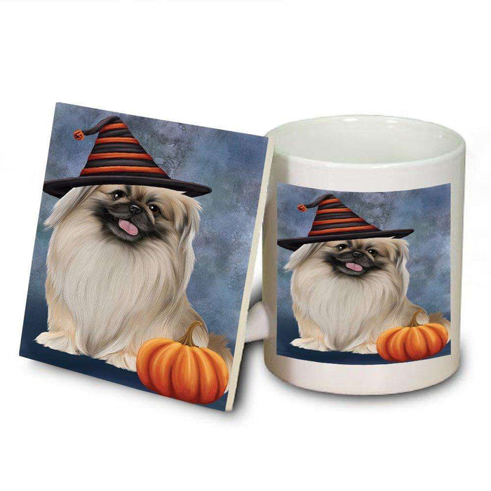 Happy Halloween Pekingese Dog Wearing Witch Hat with Pumpkin Mug and Coaster Set