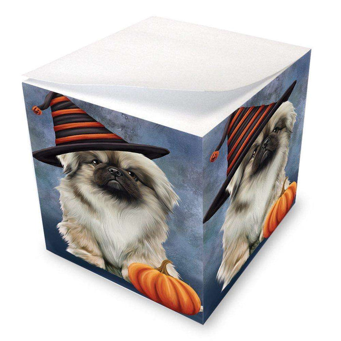 Happy Halloween Pekingese Dog Wearing Witch Hat with Pumpkin Note Cube