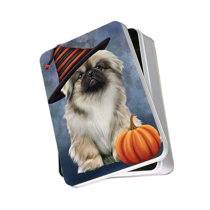 Happy Halloween Pekingese Dog Wearing Witch Hat with Pumpkin Photo Storage Tin