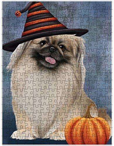 Happy Halloween Pekingese Dog Wearing Witch Hat with Pumpkin Puzzle with Photo Tin