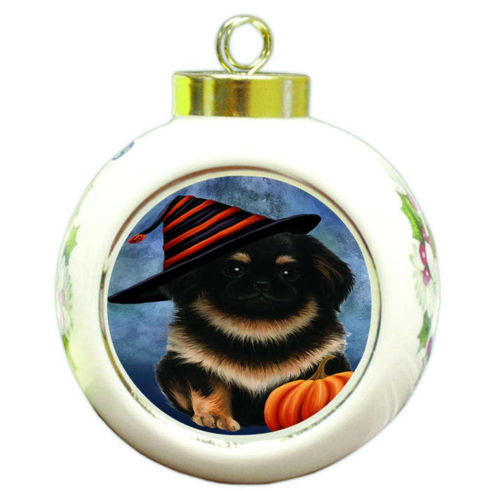 Happy Halloween Pekingese Dog Wearing Witch Hat with Pumpkin Round Ball Christmas Ornament RBPOR55036