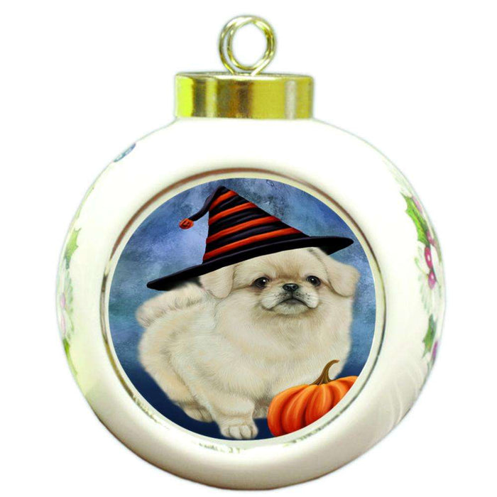 Happy Halloween Pekingese Dog Wearing Witch Hat with Pumpkin Round Ball Christmas Ornament RBPOR55092