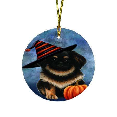 Happy Halloween Pekingese Dog Wearing Witch Hat with Pumpkin Round Flat Christmas Ornament RFPOR55027