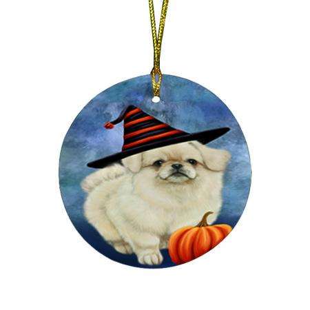 Happy Halloween Pekingese Dog Wearing Witch Hat with Pumpkin Round Flat Christmas Ornament RFPOR55083