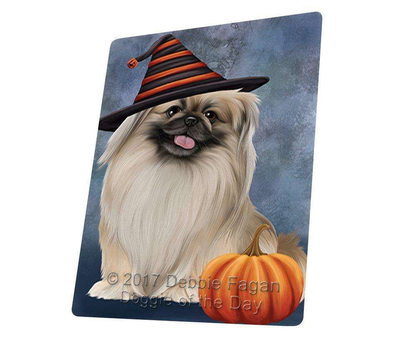 Happy Halloween Pekingese Dog Wearing Witch Hat with Pumpkin Tempered Cutting Board