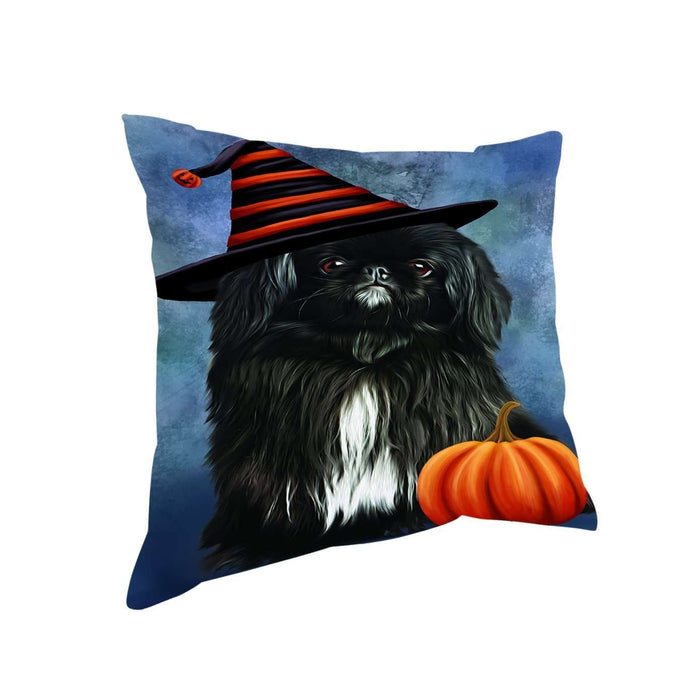 Happy Halloween Pekingese Dog Wearing Witch Hat with Pumpkin Throw Pillow