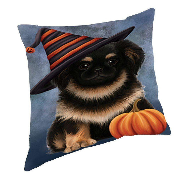 Happy Halloween Pekingese Dog Wearing Witch Hat with Pumpkin Throw Pillow