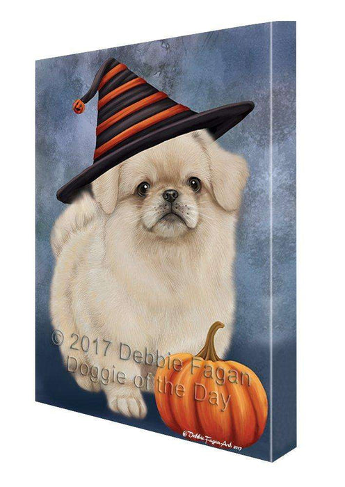 Happy Halloween Pekingese Dog Wearing Witch Hat with Pumpkin Wall Art Canvas