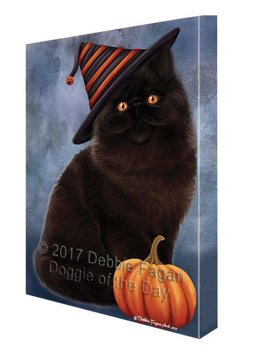 Happy Halloween Persian Black Cat Wearing Witch Hat with Pumpkin Canvas Wall Art
