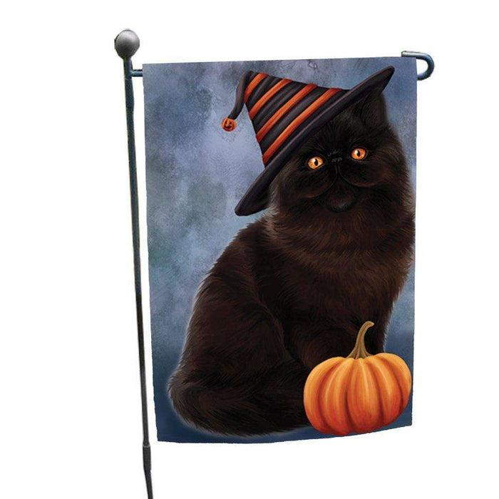 Happy Halloween Persian Black Cat Wearing Witch Hat with Pumpkin Garden Flag