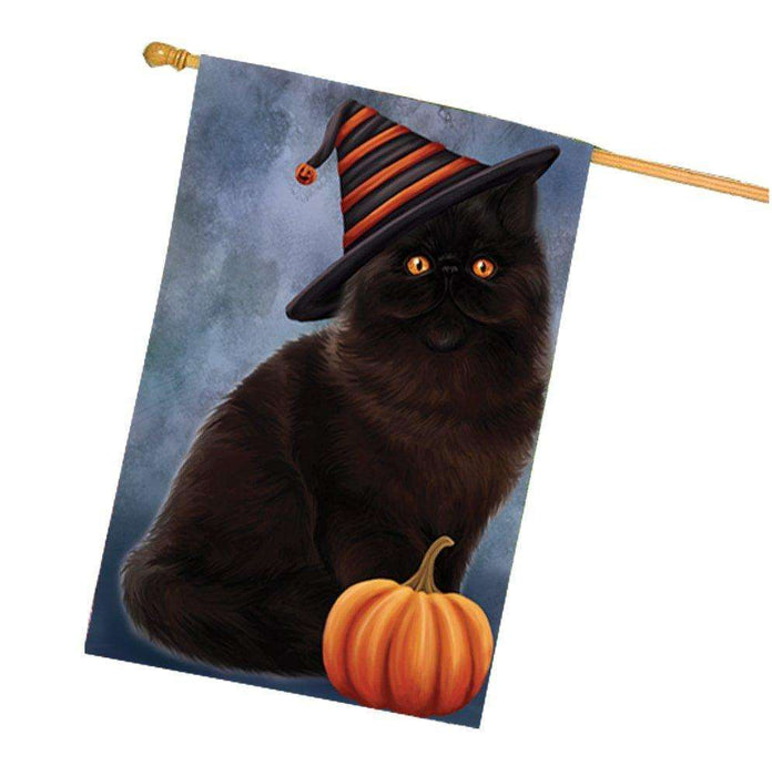 Happy Halloween Persian Black Cat Wearing Witch Hat with Pumpkin House Flag
