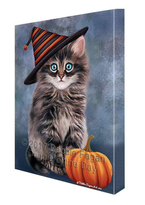 Happy Halloween Persian Cat Wearing Witch Hat with Pumpkin Canvas Wall Art