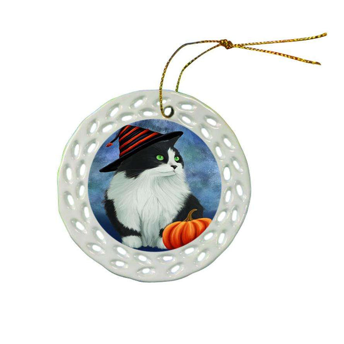 Happy Halloween Persian Cat Wearing Witch Hat with Pumpkin Ceramic Doily Ornament DPOR55094