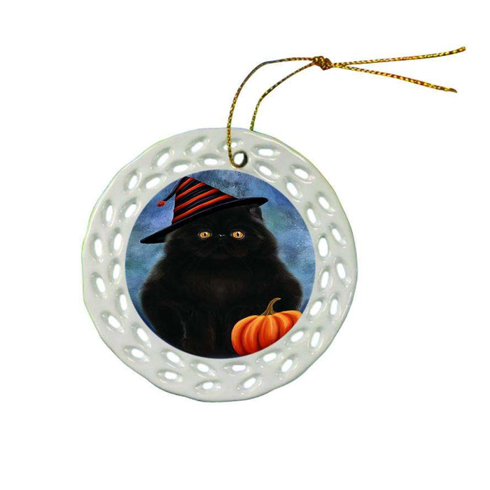 Happy Halloween Persian Cat Wearing Witch Hat with Pumpkin Ceramic Doily Ornament DPOR55095