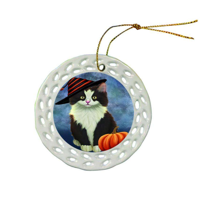 Happy Halloween Persian Cat Wearing Witch Hat with Pumpkin Ceramic Doily Ornament DPOR55097