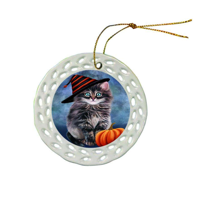Happy Halloween Persian Cat Wearing Witch Hat with Pumpkin Ceramic Doily Ornament DPOR55098