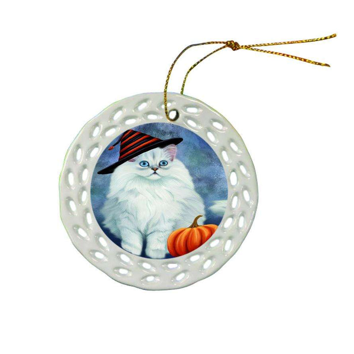 Happy Halloween Persian Cat Wearing Witch Hat with Pumpkin Ceramic Doily Ornament DPOR55100