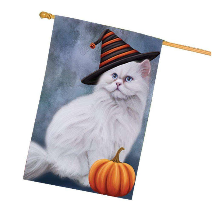 Happy Halloween Persian Cat Wearing Witch Hat with Pumpkin House Flag