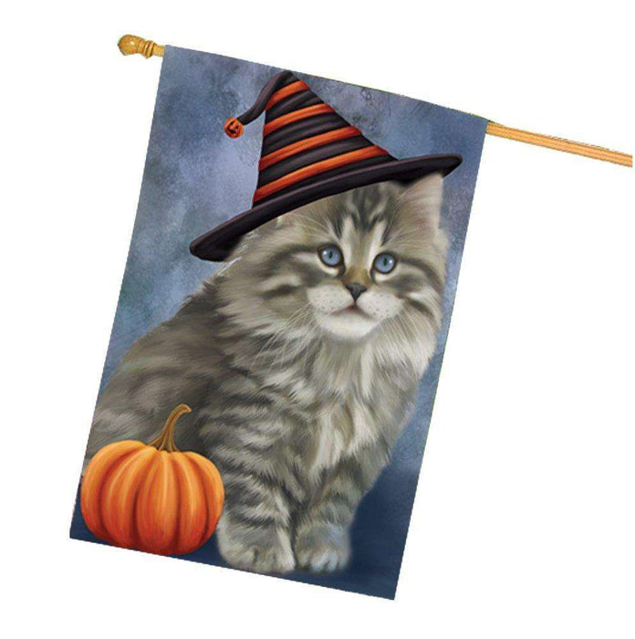 Happy Halloween Persian Cat Wearing Witch Hat with Pumpkin House Flag