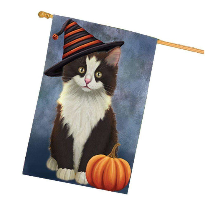 Happy Halloween Persian Cat Wearing Witch Hat with Pumpkin House Flag