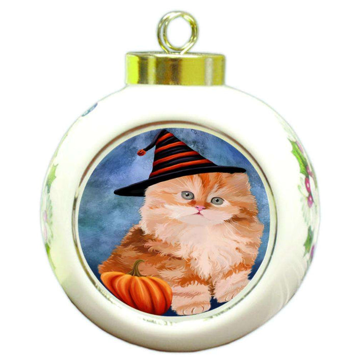 Happy Halloween Persian Cat Wearing Witch Hat with Pumpkin Round Ball Christmas Ornament RBPOR54891