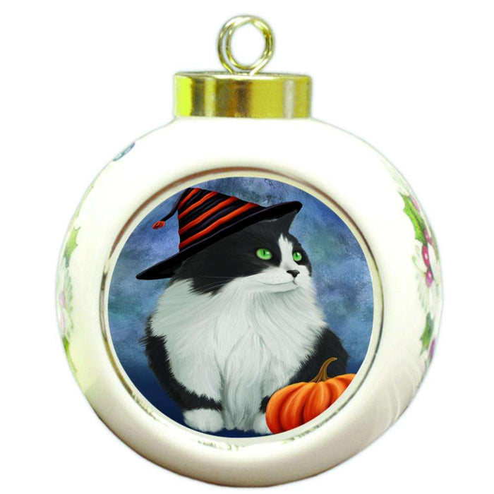 Happy Halloween Persian Cat Wearing Witch Hat with Pumpkin Round Ball Christmas Ornament RBPOR55094