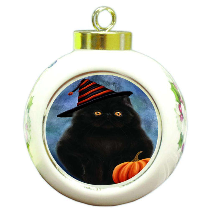 Happy Halloween Persian Cat Wearing Witch Hat with Pumpkin Round Ball Christmas Ornament RBPOR55095