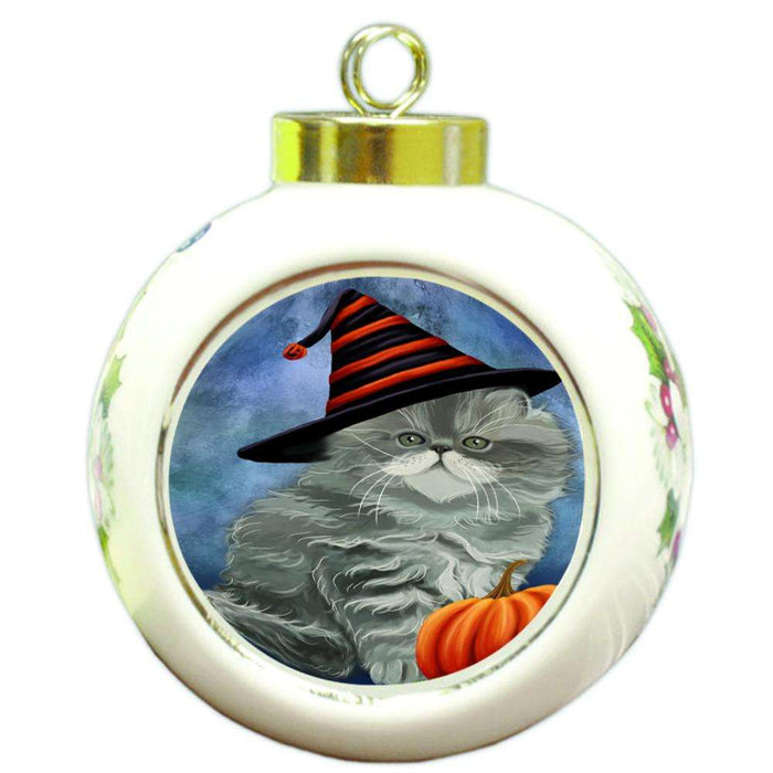 Happy Halloween Persian Cat Wearing Witch Hat with Pumpkin Round Ball Christmas Ornament RBPOR55096