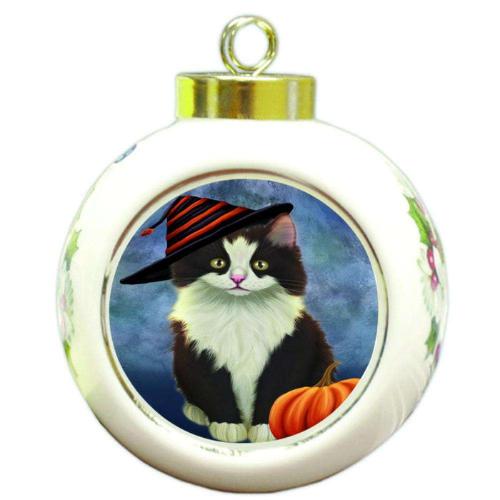 Happy Halloween Persian Cat Wearing Witch Hat with Pumpkin Round Ball Christmas Ornament RBPOR55097