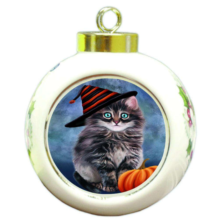Happy Halloween Persian Cat Wearing Witch Hat with Pumpkin Round Ball Christmas Ornament RBPOR55098