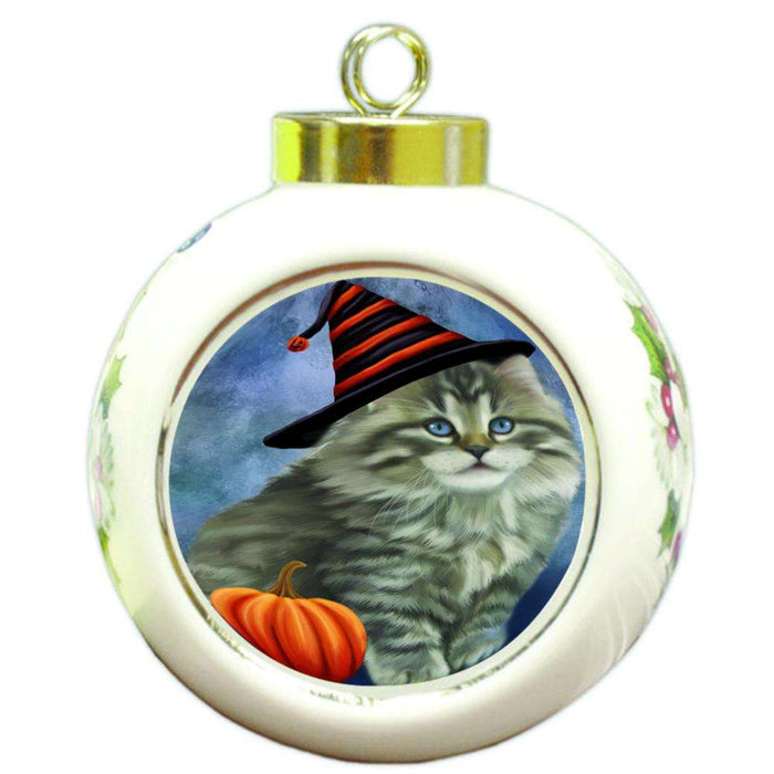 Happy Halloween Persian Cat Wearing Witch Hat with Pumpkin Round Ball Christmas Ornament RBPOR55099
