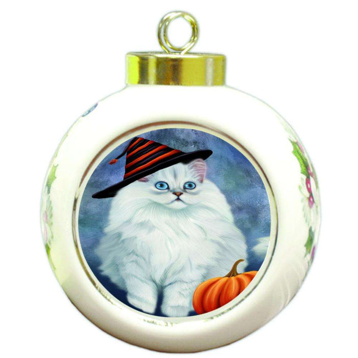 Happy Halloween Persian Cat Wearing Witch Hat with Pumpkin Round Ball Christmas Ornament RBPOR55100