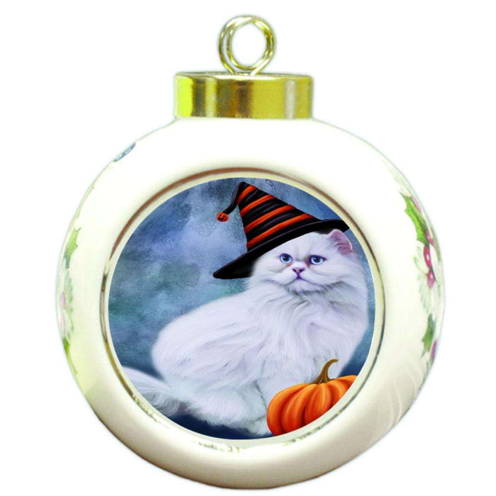 Happy Halloween Persian Cat Wearing Witch Hat with Pumpkin Round Ball Christmas Ornament RBPOR55101