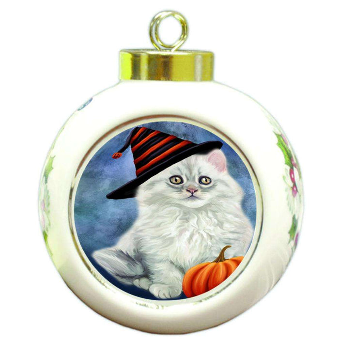 Happy Halloween Persian Cat Wearing Witch Hat with Pumpkin Round Ball Christmas Ornament RBPOR55103
