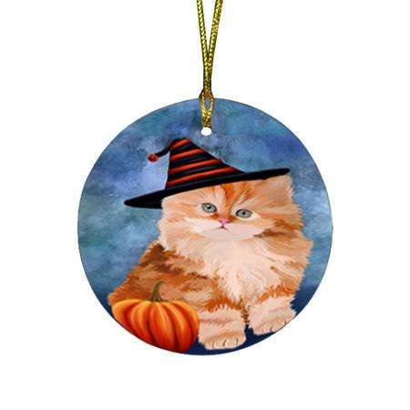 Happy Halloween Persian Cat Wearing Witch Hat with Pumpkin Round Flat Christmas Ornament RFPOR54882