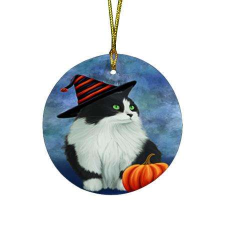Happy Halloween Persian Cat Wearing Witch Hat with Pumpkin Round Flat Christmas Ornament RFPOR55085