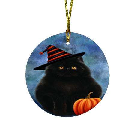 Happy Halloween Persian Cat Wearing Witch Hat with Pumpkin Round Flat Christmas Ornament RFPOR55086
