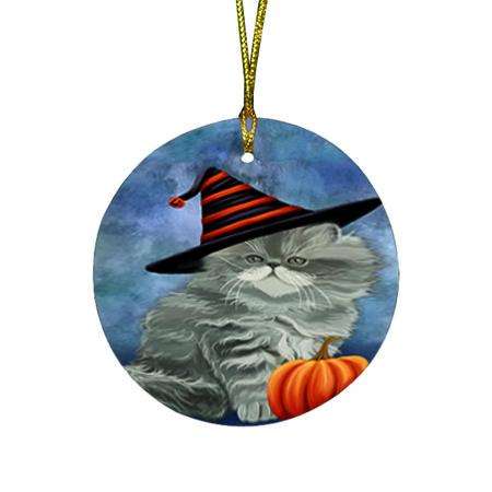 Happy Halloween Persian Cat Wearing Witch Hat with Pumpkin Round Flat Christmas Ornament RFPOR55087