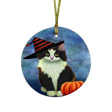 Happy Halloween Persian Cat Wearing Witch Hat with Pumpkin Round Flat Christmas Ornament RFPOR55088