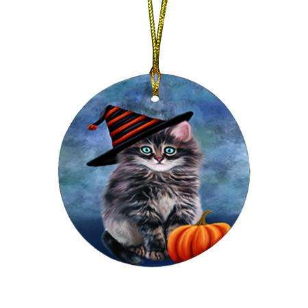 Happy Halloween Persian Cat Wearing Witch Hat with Pumpkin Round Flat Christmas Ornament RFPOR55089
